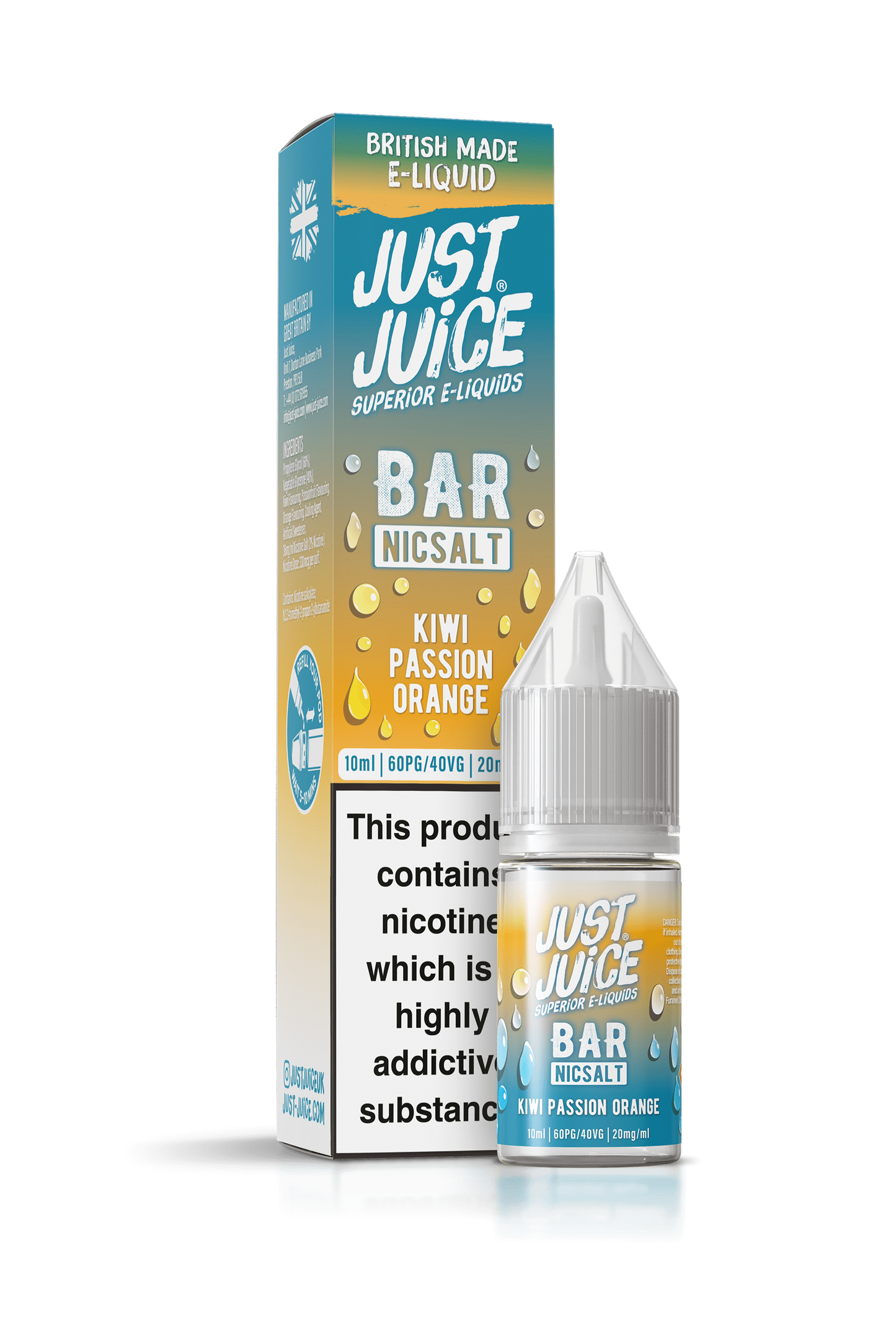 Just Juice Bar Range Nicotine Salts | 10ml Disposable Flavours | KIWI PASSION ORANGE | 5mg / 10mg / 20mg Nic Salt - IFANCYONE WHOLESALE