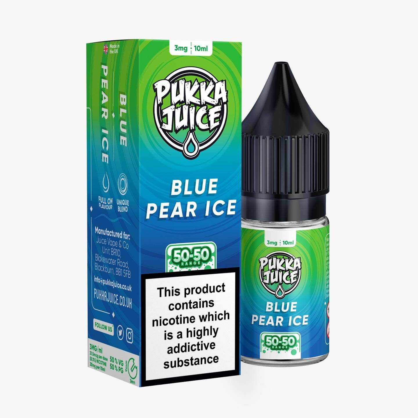 Pukka Juice | 50/50 Range | BLUE PEAR ICE | 10ml TPD Bottles | Various Nicotine Strength - IFANCYONE WHOLESALE