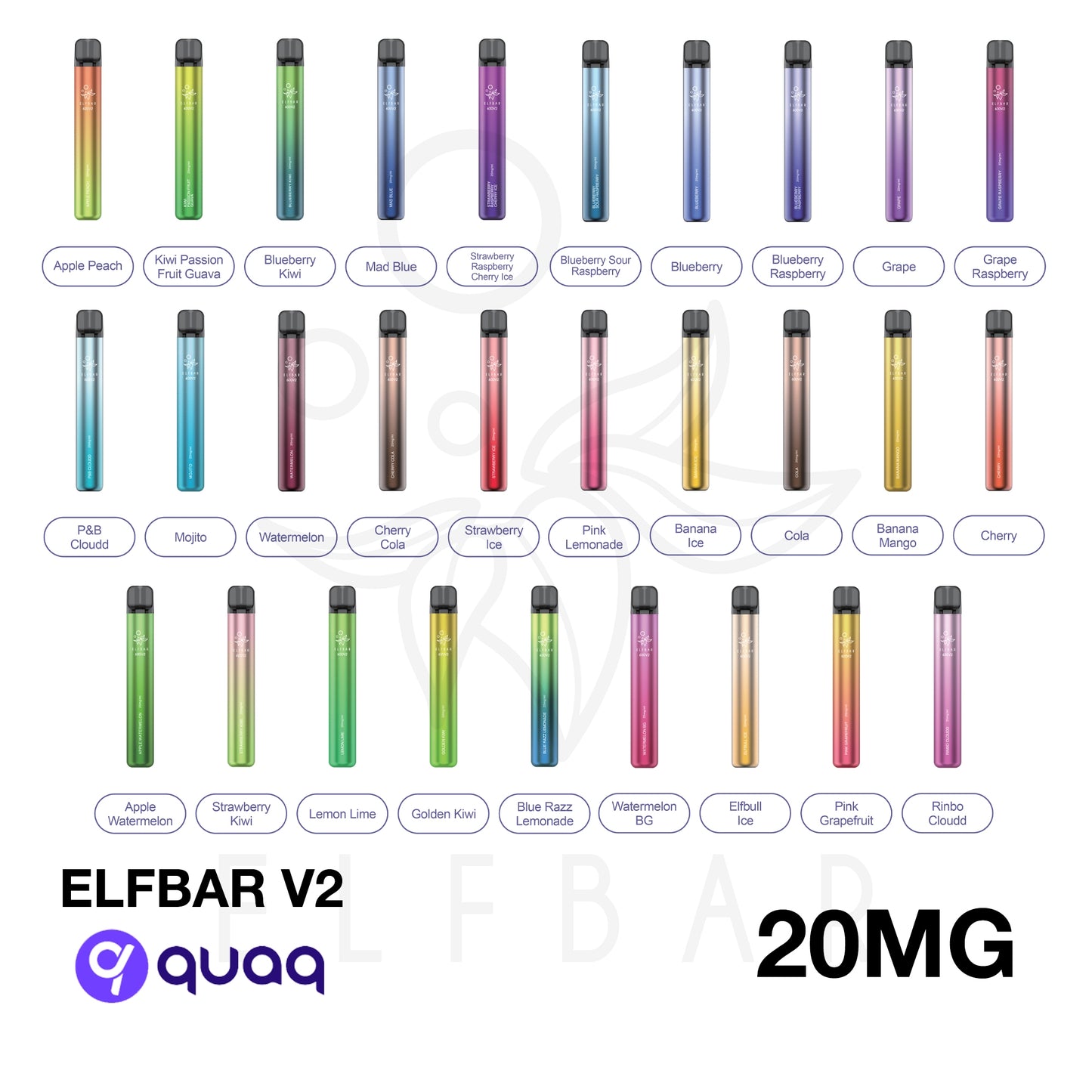 Elfbar | Elf Bar V2 600 Puff Disposable E-Cigarette Nic Salts Kit | V2 - NEW QUAQ MESH COIL | 20mg Nicotine Salt | Various Flavours - IFANCYONE WHOLESALE