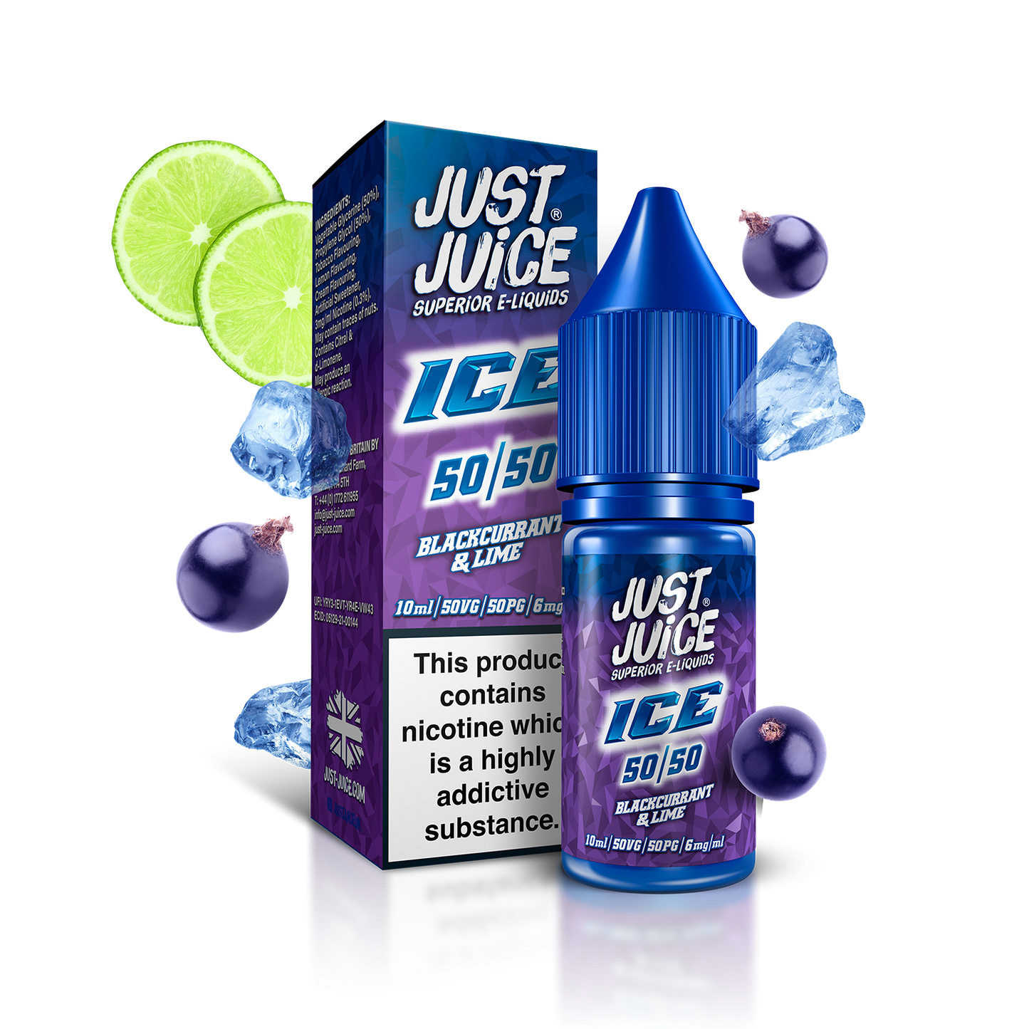 Just Juice ICE 50:50 | Blackcurrant & Lime | 10ml Single | Various Nicotine Strengths - IFANCYONE WHOLESALE