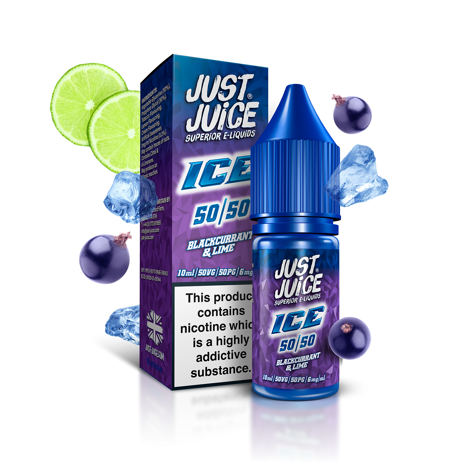 Just Juice ICE 50:50 | Blackcurrant & Lime | 10ml Single | Various Nicotine Strengths - IFANCYONE WHOLESALE