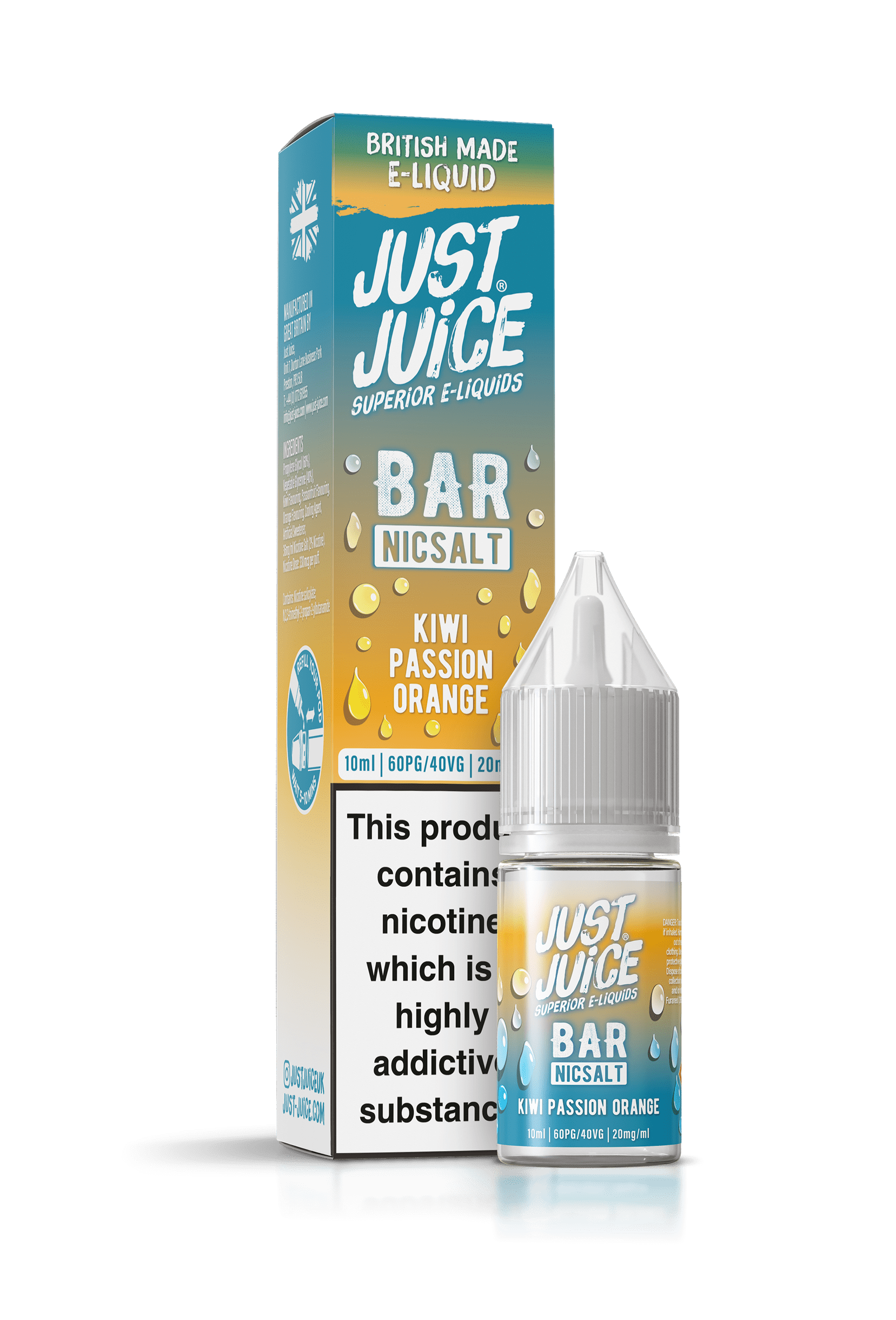 Just Juice Bar Range Nicotine Salts | 10ml Disposable Flavours | KIWI PASSION ORANGE | 5mg / 10mg / 20mg Nic Salt - IFANCYONE WHOLESALE