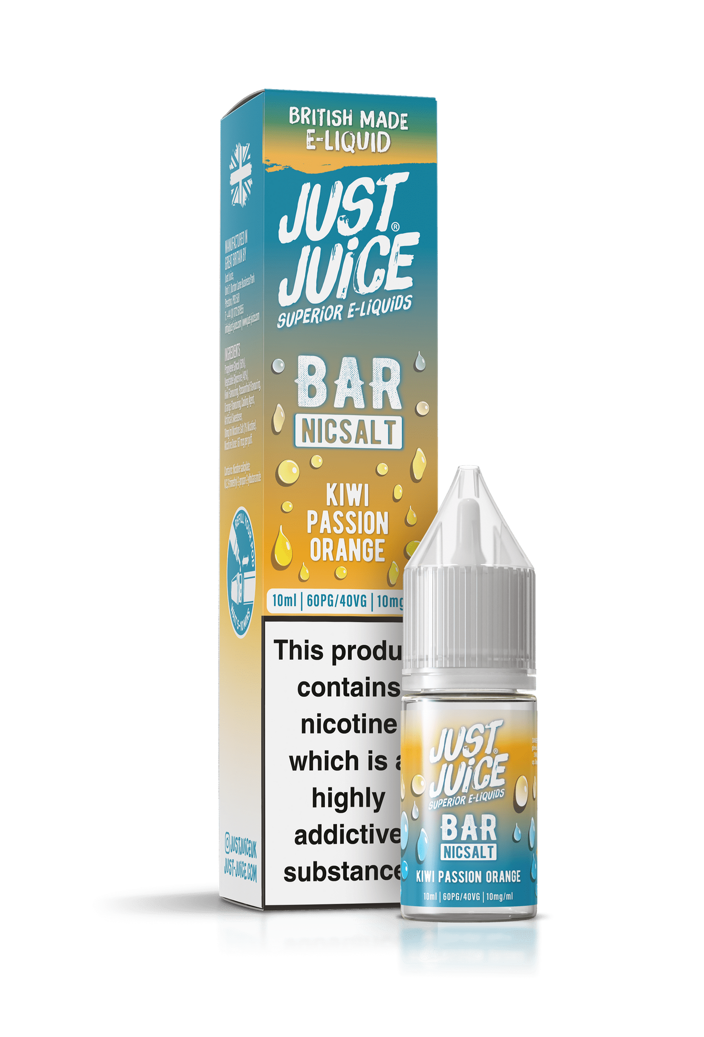 Just Juice Bar Range Nicotine Salts | 10ml Disposable Flavours | KIWI PASSION ORANGE | 5mg / 10mg / 20mg Nic Salt - IFANCYONE WHOLESALE