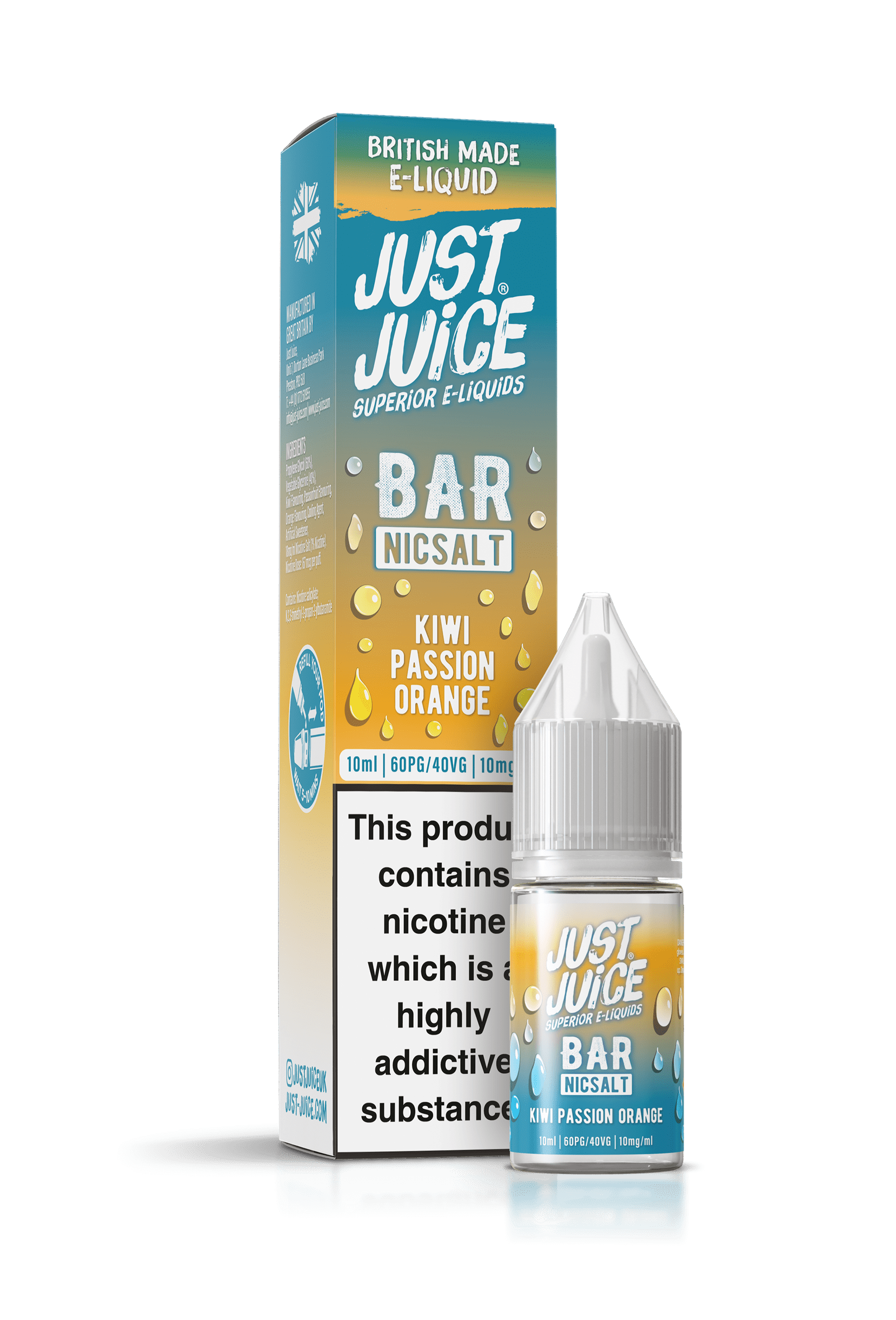 Just Juice Bar Range Nicotine Salts | 10ml Disposable Flavours | KIWI PASSION ORANGE | 5mg / 10mg / 20mg Nic Salt - IFANCYONE WHOLESALE